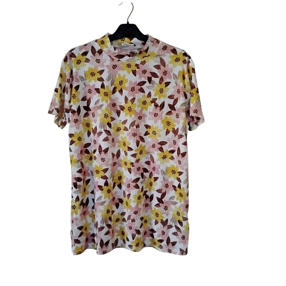 LuLaRoe Floral Mock Neck Ribbed Knit Short Sleeve Top Large Yellow Pink Brown
